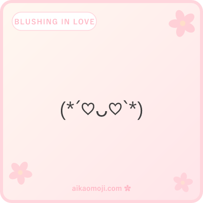 Blushing in love kaomoji — heart-eye blush with hearts and pink cheeks