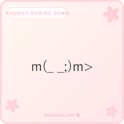 Kaomoji bowing down — deep-forward dogeza with arrow direction and heavy sweat markers