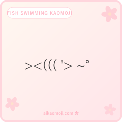 Fish swimming kaomoji — bubble trails and wave ripples on ASCII fish