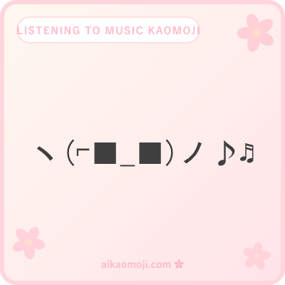 Listening to music kaomoji — cool headphones-on eyes with music notes and hands-up pose