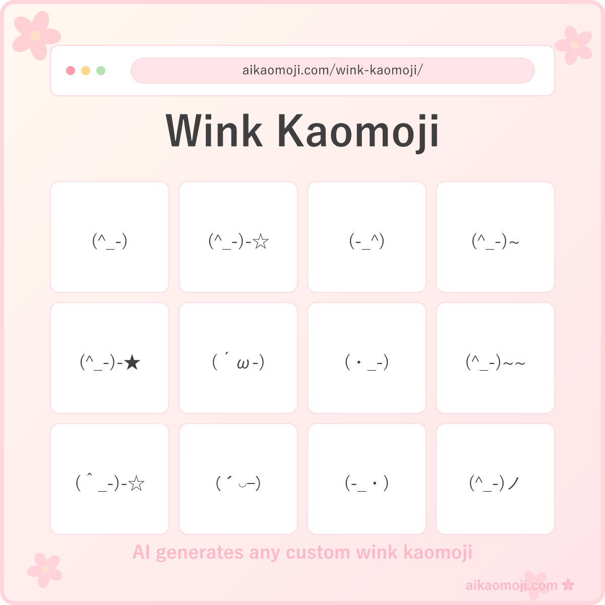 Wink kaomoji collection featuring 80 (^_-) asymmetric-eye variants — hero image